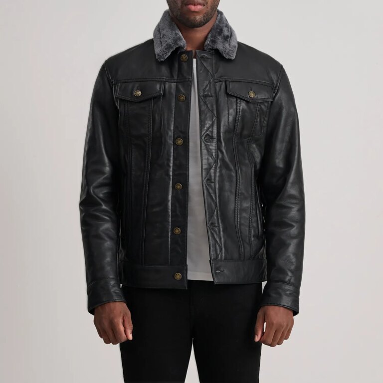 Mens Dallis Black Leather Shearling Trucker Jacket Open Front-4-1733736075247